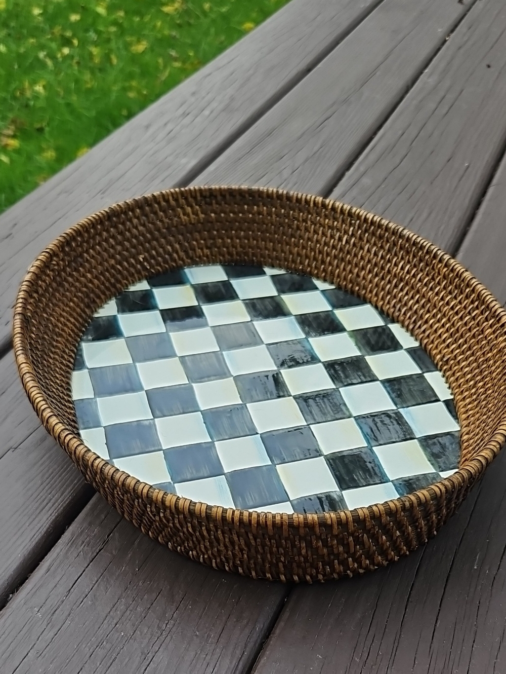 Woven Brown Rattan Tray with Black & White Checkerboard Base